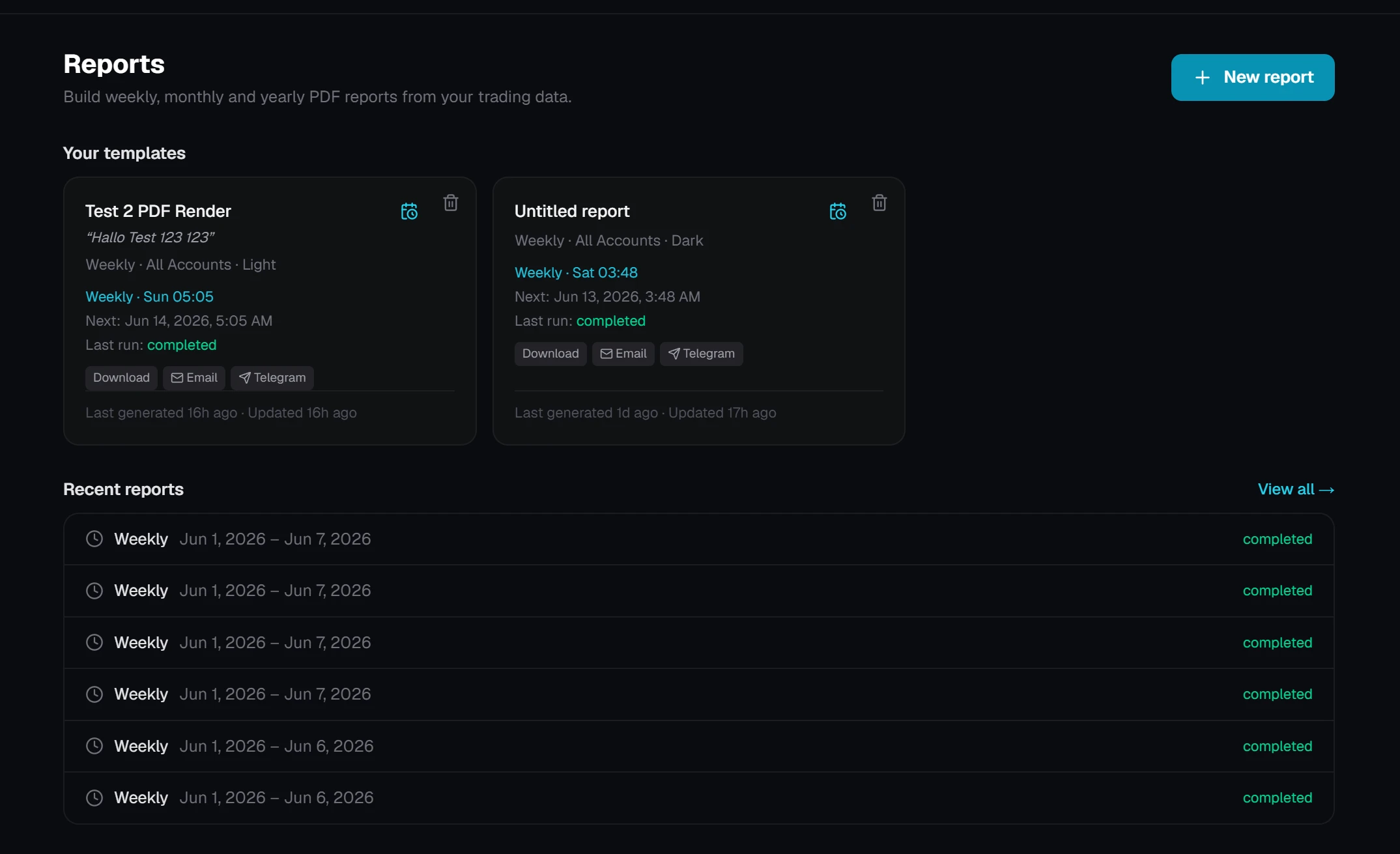 The NuvoraSync report template overview with multiple templates and per-template delivery settings.