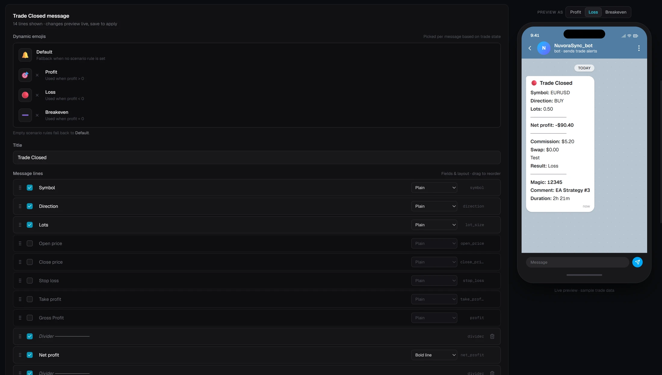 The NuvoraSync Telegram notification editor with field selection and a live message preview for your own open and closed positions.