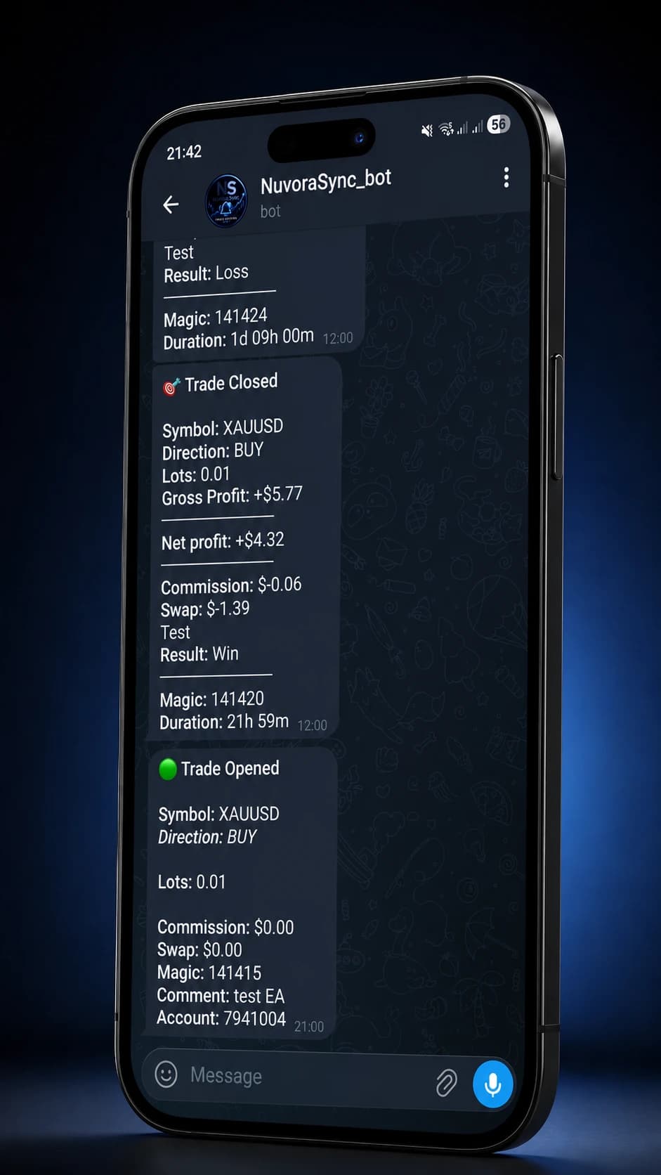 NuvoraSync account-activity notification delivered to Telegram on a phone.